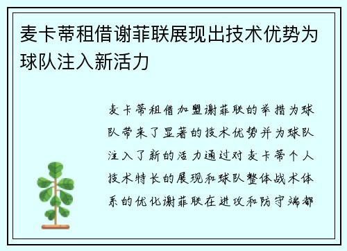 麦卡蒂租借谢菲联展现出技术优势为球队注入新活力