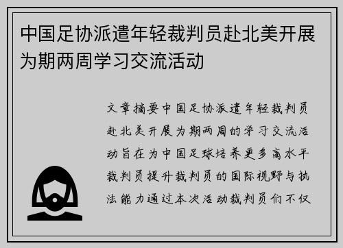 中国足协派遣年轻裁判员赴北美开展为期两周学习交流活动 中国足协派遣年轻裁判员赴北美开展为期两周学习交流活动